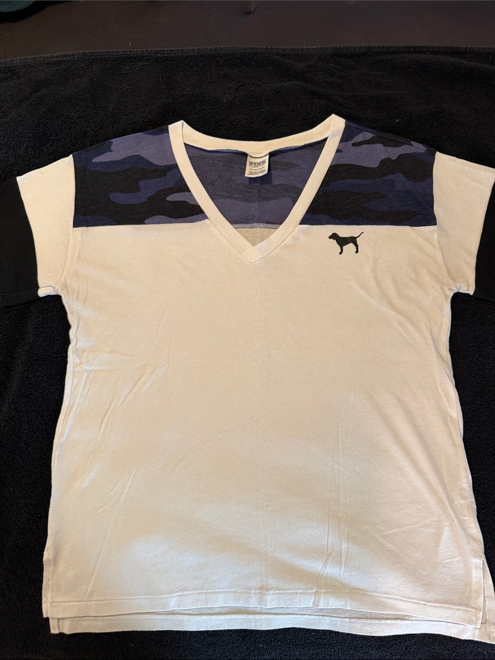 PINK Victoria's Secret White V-Neck T-Shirt with Blue Camo Yoke